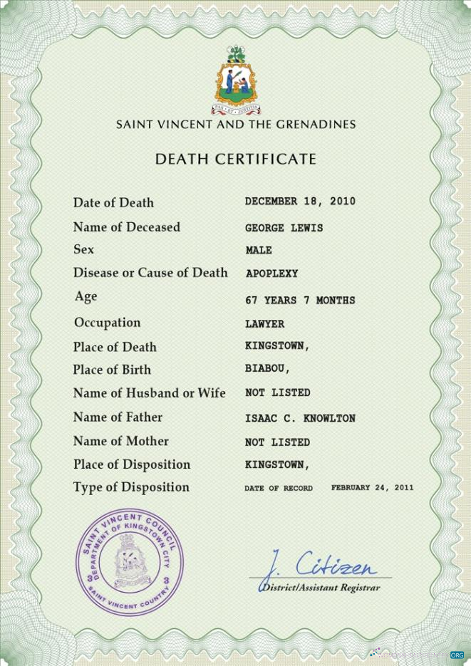 Download Saint Vincent and the Grenadines death certificate PSD template Photoshop template